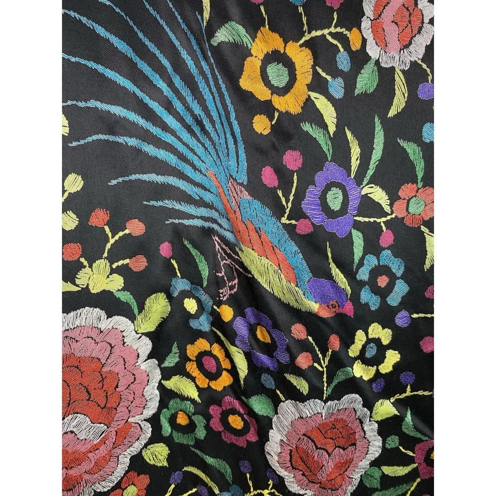 Clio Women's 12 Black Colorful Satin Floral Bird Beaded Fringe Maxi Skirt